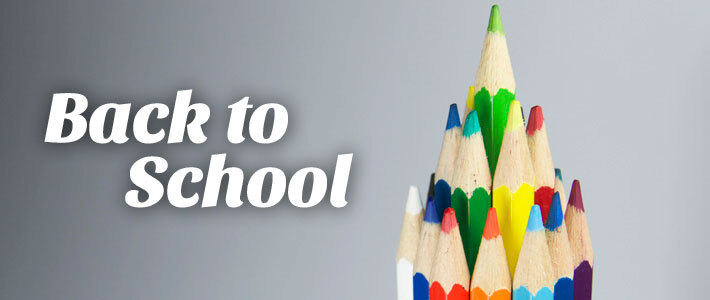 Back to School. A group of colored pencils is featured in the background.