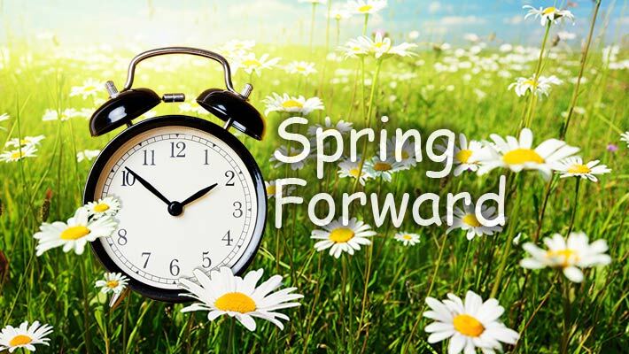 Spring forward. An alarm clock in a field of flowers.