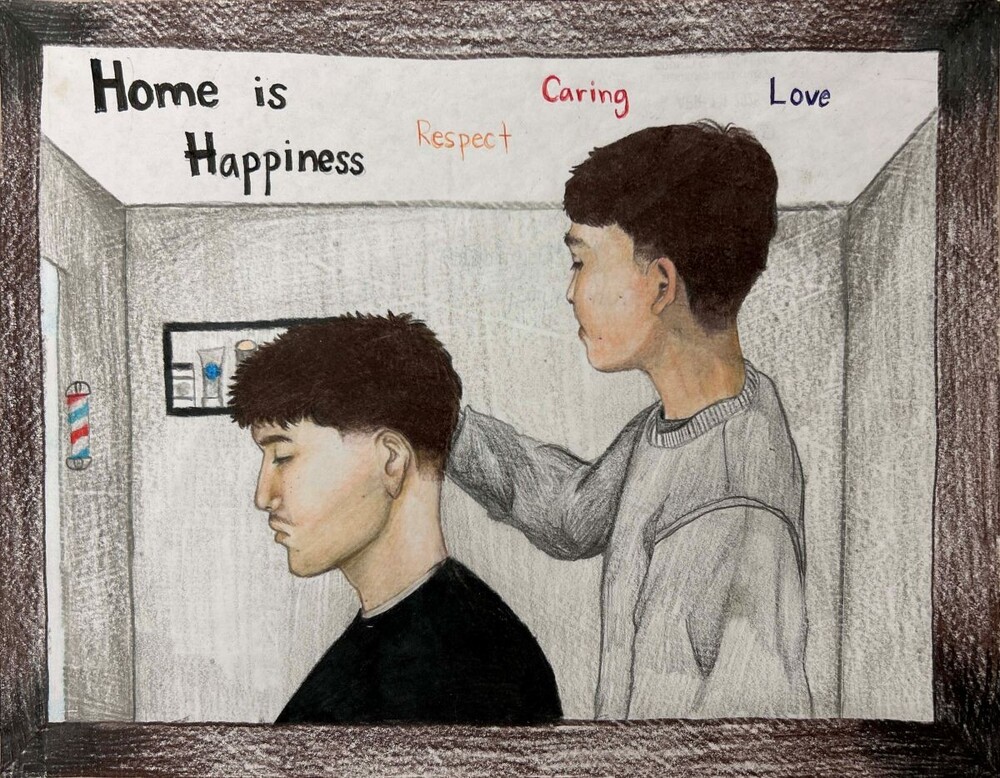 2026 What Home Means to Me Cover. A barber giving another man a haircut. Home is Happiness. Respect. Caring. Love.