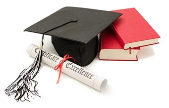 A picture of a black graduation hat, two red books, and a Certificate of Excellence.