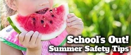 School's out! Summer Safety Tips. A young girl eating a piece of watermelon.