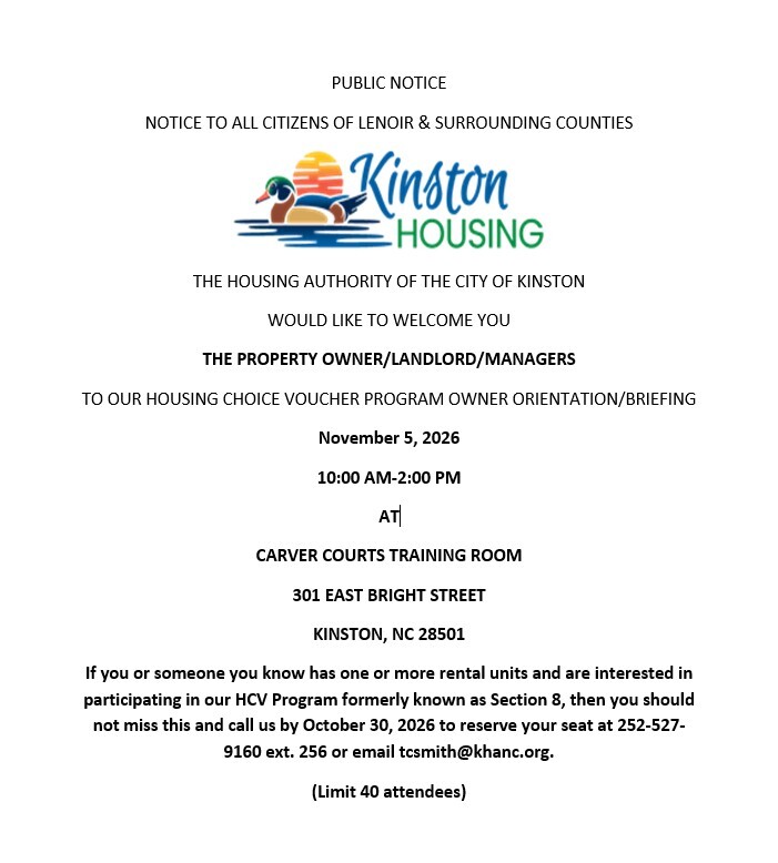 Kinston Landlord Briefing flyer. All information as listed below.